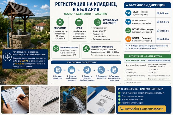 Инфографика за регистрация на кладенец в България, показваща водовземно съоръжение, необходими документи, срок от 14 работни дни, безплатна регистрация за битово ползване до 10 м³/ден, четирите Басейнови дирекции и основните стъпки по процедурата.