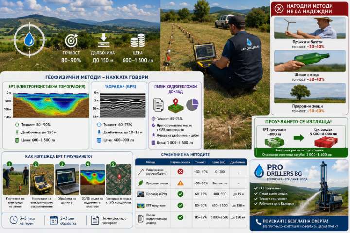 Infographic illustrating groundwater detection methods before water well drilling in Bulgaria. Shows ERT (Electrical Resistivity Tomography) geophysical surveying with field equipment, underground resistivity profile, comparison with GPR, natural groundwater indicators, and traditional dowsing methods. Highlights ERT as the most accurate technique for locating underground aquifers before drilling.