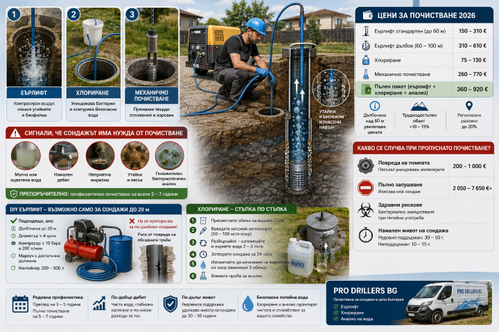 well-borehole-cleaning-airlift-chlorination-mechanical-methods-bulgaria-2026 ‣ Търсене и Сондажи за Вода Илюстрация на почистване на сондаж с еърлифт, хлориране и механично почистване, показваща оборудване, напречен разрез на сондажа и процеса по поддръжка на водоизточника.