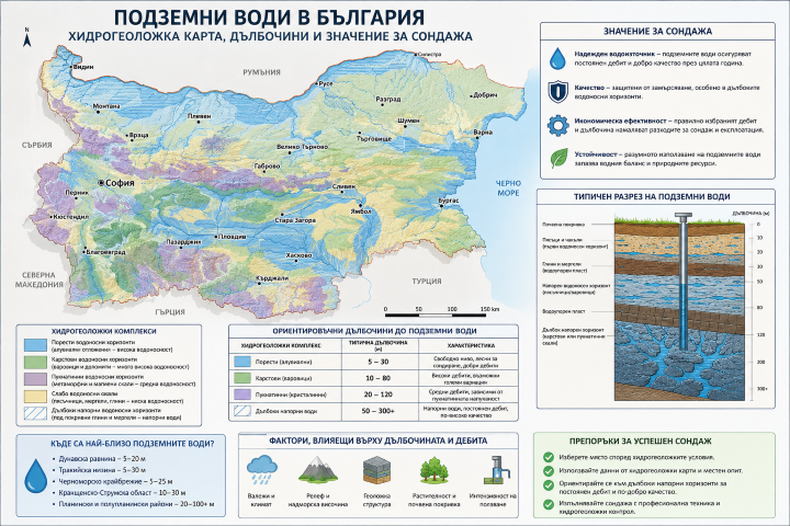 odzemni-vodi-v-balgariya-hidrogeolozhka-karta-dalbochini-sondazh ‣ Търсене и Сондажи за Вода Инфографика с хидрогеоложка карта на България, показваща разпределението на подземните води, ориентировъчните дълбочини на водоносните хоризонти и значението им за изграждането на сондажи.