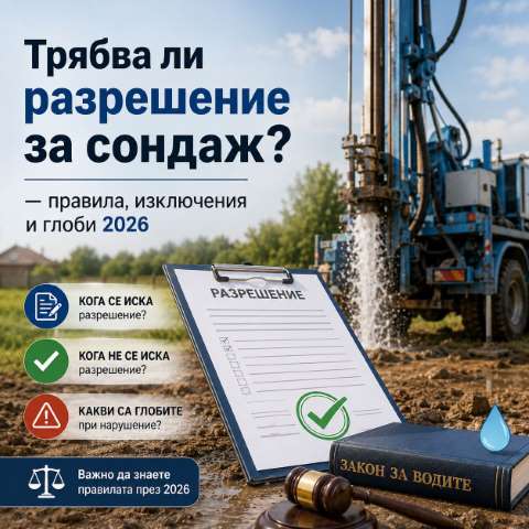 Сондажна машина до документ за разрешение за сондаж и Закон за водите – илюстрация на правилата, изключенията и глобите за сондажи в България през 2026 година.