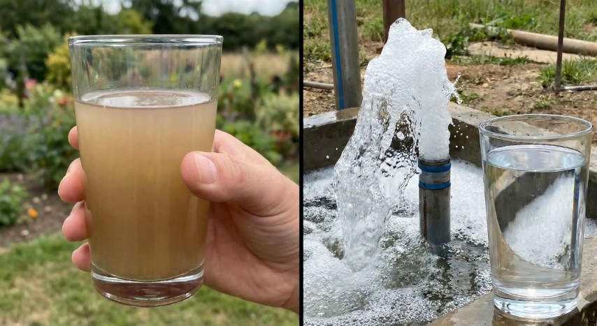 Сравнение между мътна вода от затлачен сондаж и чиста вода след почистване с Еърлифт мето