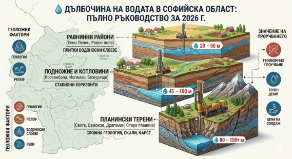 Инфографика за дълбочината на водата в Софийска област, показваща три нива на сондажи: равнини (20-50м), котловини (45-100м) и планински райони (80-150м) с илюстрация на сондажна техника и земни пластове.