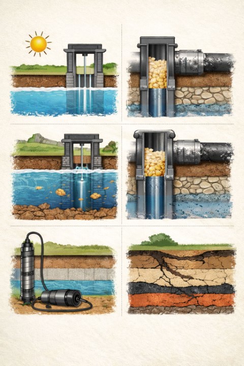 намален дебит сондаж – визуални причини за слаб воден поток без текст, включващи ниско водно ниво, запушен филтър, натрупвания в тръбите, повредена помпа, замърсяване и геоложки проблеми