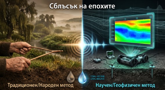 A split image comparing traditional and modern methods for water detection. On the left, a man holds a wooden dowsing rod over earthy soil near a misty stream, representing "Traditional/Folk Methods." A blurry water drop icon is shown in the ground. On the right, sophisticated ground penetrating radar (GPR) and resistivity equipment are set up with probes on cracked earth, featuring a bright holographic visualization of colored subsurface water horizons, representing "Scientific/Geophysical Methods." A sharp, precise water drop icon with coordinates and depth markers is shown below. A glowing, pulsating light beam and sonar ripple form a vertical divider. White Bulgarian Cyrillic text at the top reads: "Сблъсък на епохите" (Clash of Epochs).