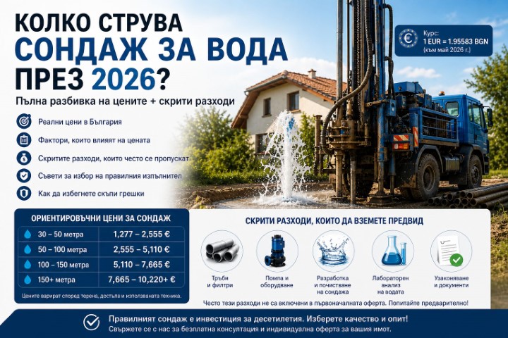 Масивна сондажна машина в процес на работа при изграждане на сондаж за вода на средна дълбочина